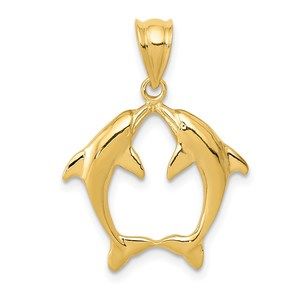 14k Yellow Gold Two Dolphins Necklace Charm Pendant